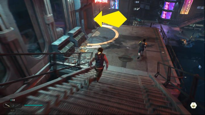 Go up the stairs and continue following Bode, then turn to the door on the left - Star Wars Jedi Survivor: Coruscant - walkthrough - Walkthorugh - Star Wars Jedi Survivor guide