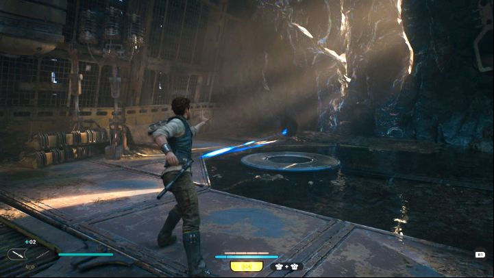 When you start the machine on the right, bombs will start coming out from under the ground - be prepared to push one of the explosives towards the glowing wall to open the age leading to the dam - Star Wars Jedi Survivor: Find Greez - Walkthorugh - Star Wars Jedi Survivor guide